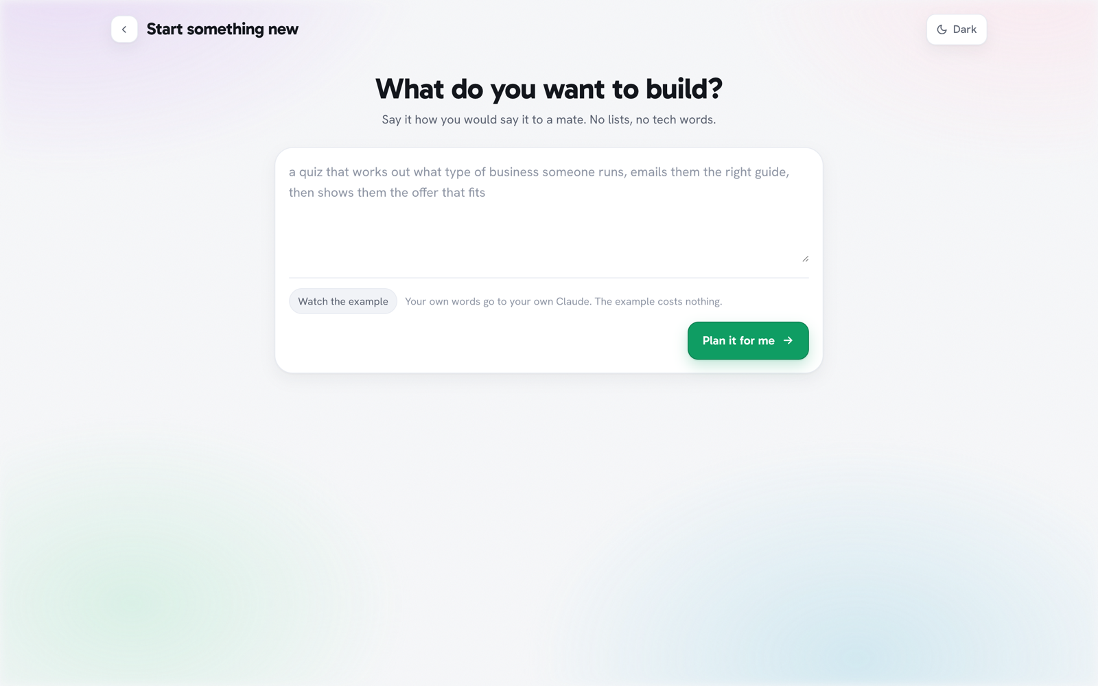 StepMate asking what you want to build, with a single plain text box